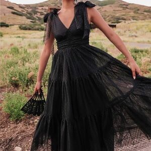 JessaKae Black Polka Dot Tulle Midi Dress with Bow Straps